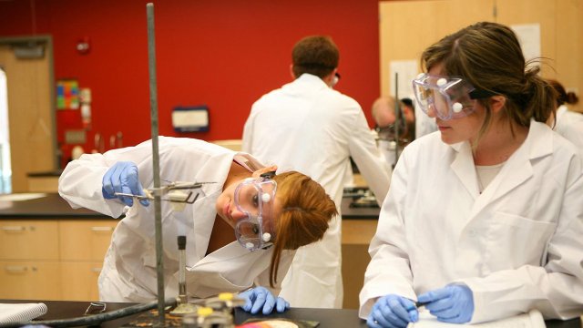 students in lab coats working on a project in class