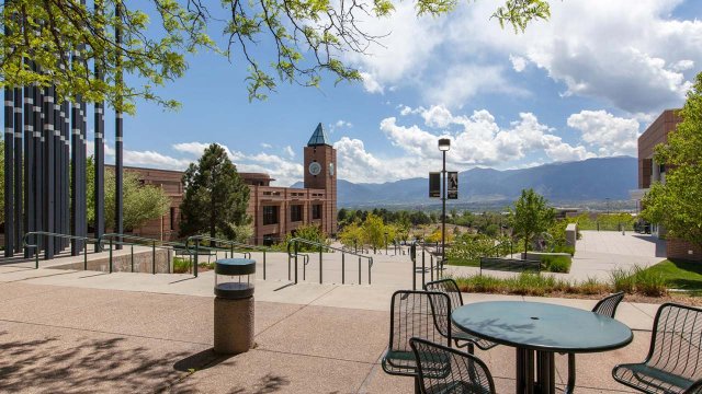 view of El Pomar Plaza when leaving the engineering building