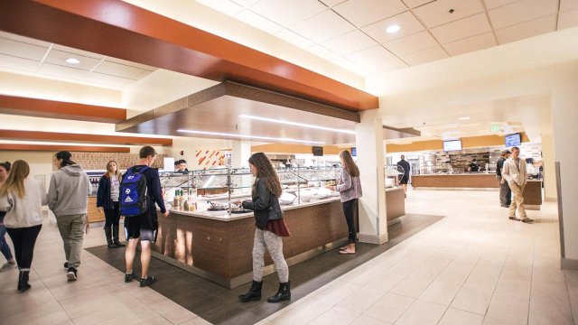 students getting food at The Lodge Dining Hall