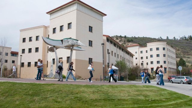 students leaving Columbine Hall