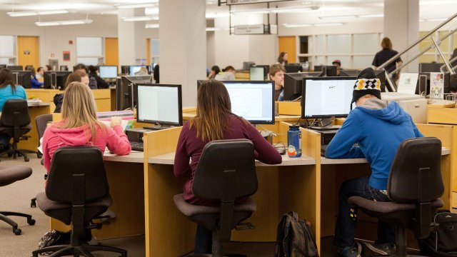 students working at computer workstations in the library